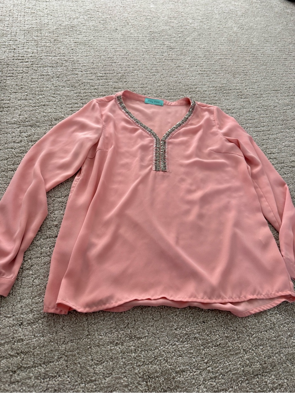 Filly Flair Peach Pink Beaded V-Neck Blouse